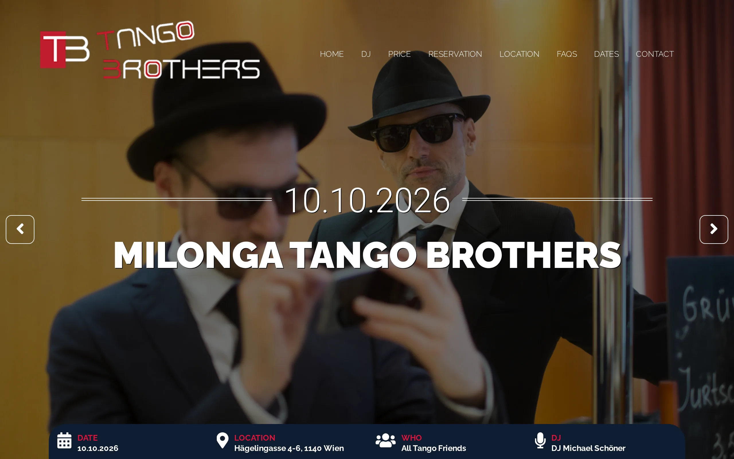 Startseite der Milonga Tango Brothers mit Termin und Veranstaltungsort
