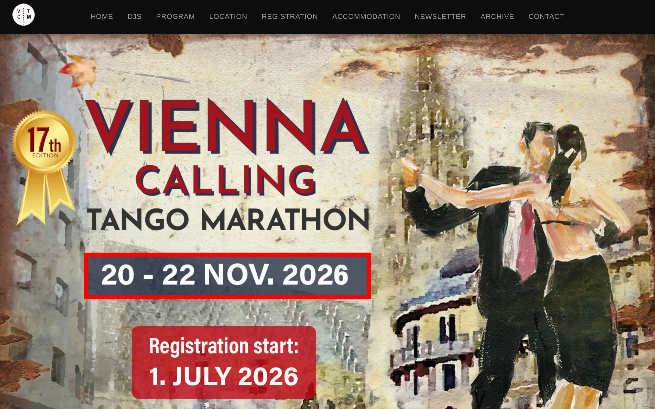Startseite des Vienna Calling Tango Marathon mit Termin der aktuellen Edition